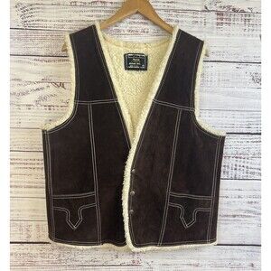 Vintage 1970s Western Suede Leather Sherpa Vest Brown Sherpa Made in USA 44